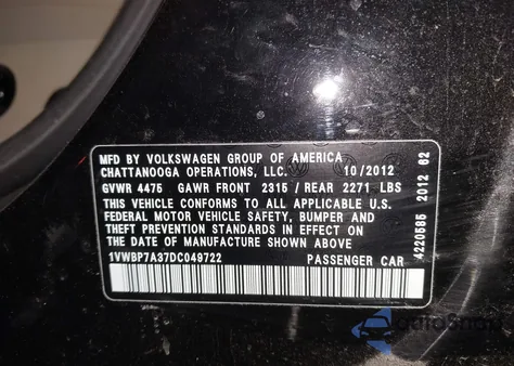 2013 Volkswagen Passat 2.5L Se from USA, damaged, VIN 1VWBP7A37DC049722